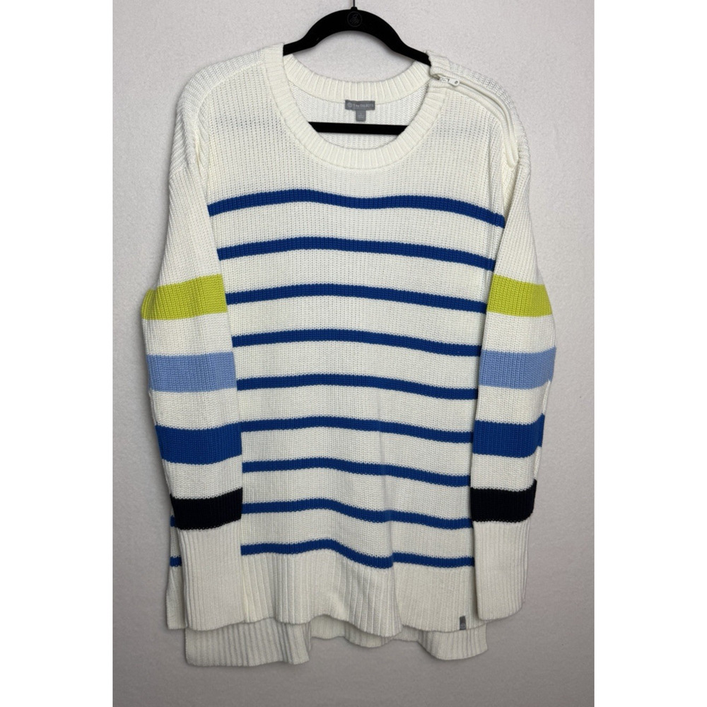 T by Talbots Multi Stripe Crewneck Sweater Size L Preppy Coastal Blue White